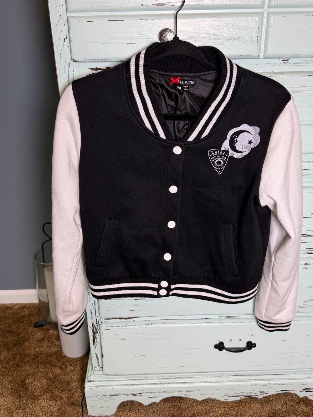 Hell Bunny Black and White Ouija Board Varsity-Style Jacket. Size medium.